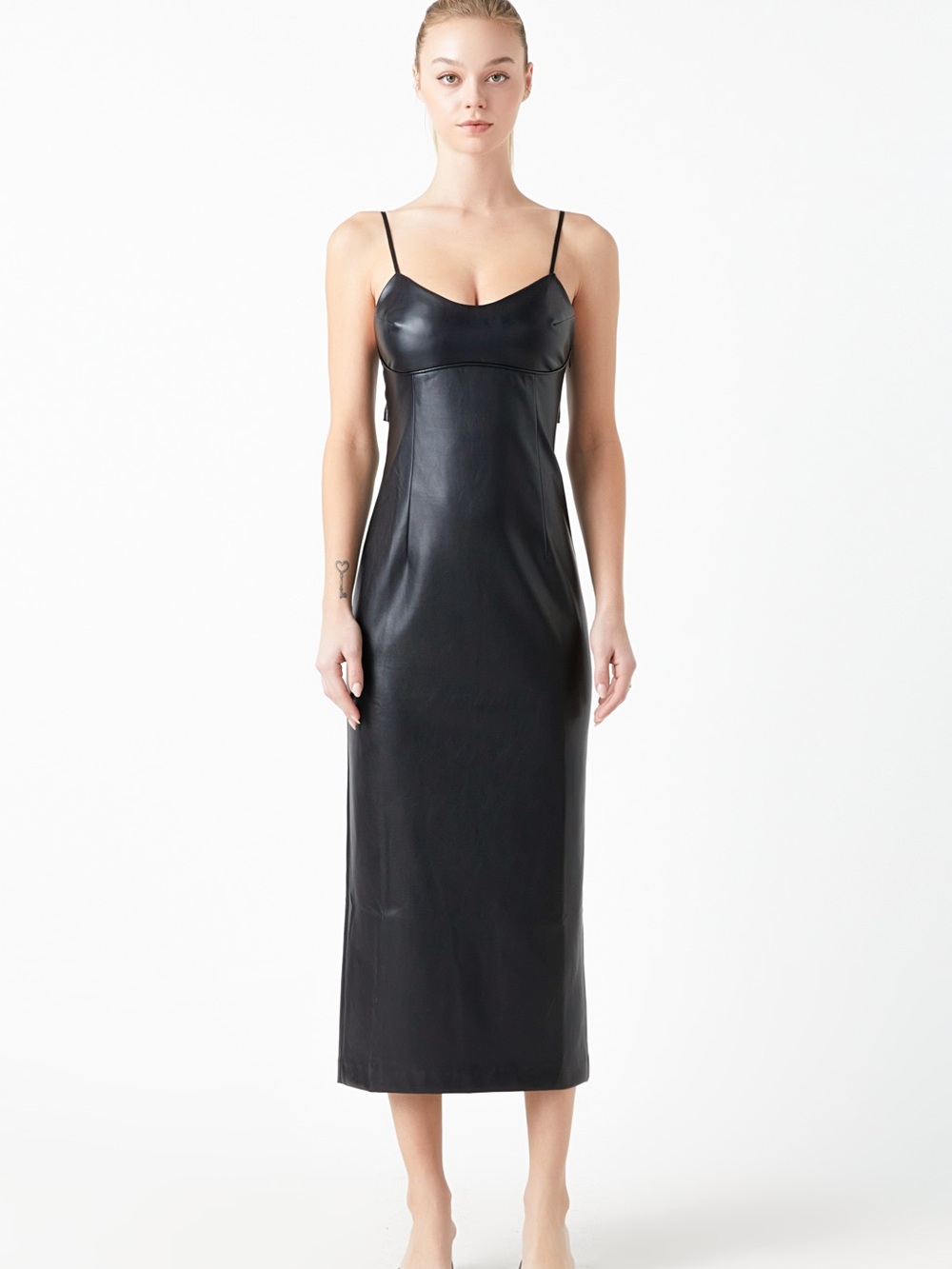 GREY LAB Black Faux Leather Midi Slip Dress
